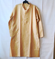 Men's Beige Jacquard Silk Kurta Tunic Long Sleeve Button Placket Size 40