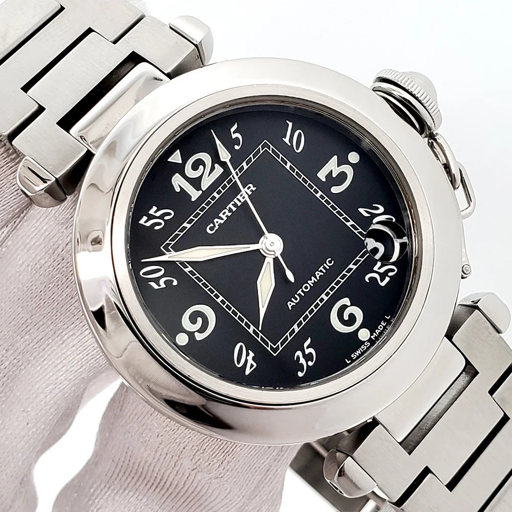 Cartier de Pasha C 35mm Black Arabic Dial Steel Watch 2324