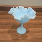 Vintage Fenton Ruffled Milk Glass Powder Blue Pedestal Dish Blue Satin Milk