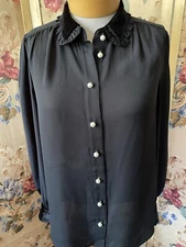 Kate Spade Black Sheer Blouse Velvet Collared Blouse with Pearl Buttons SZ 6 S M