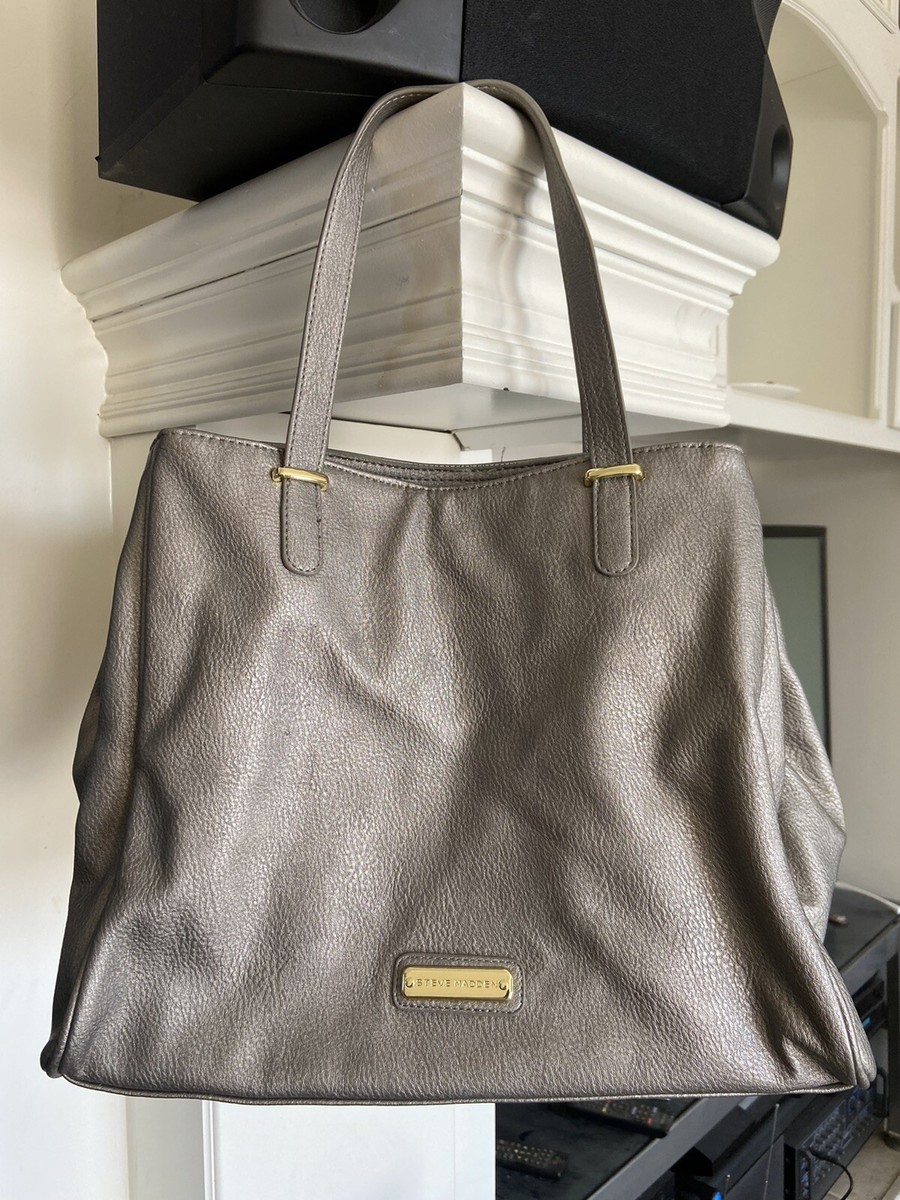 Steve Madden Large Silver Tote Shoulder Bag Purse Gold Hardware GUC