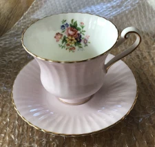Paragon Teacup Saucer Pink Floral Footed 415 Fine Bone China England 1960s Vtg.