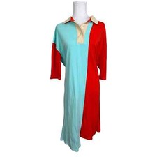 Momo New York Shirt Dress Maxi Color Block Red Blue Asymmetrical Hem OS