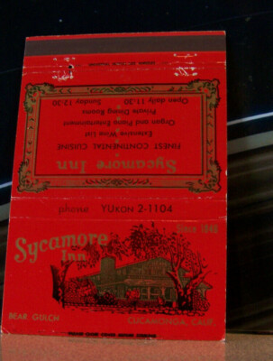 Vintage Matchbook Cover A3 Cucamonga California Sycamore Inn Continental Cuisine