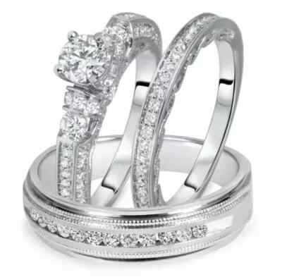 HisHer Created Diamond Engagement Ring Wedding Band Trio Set 14k White  Over