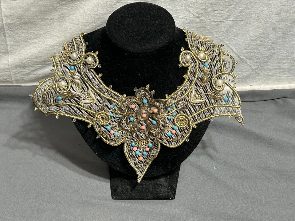 Lot vintage antique? Victorian Edwardian METALLIC Embroidered Lace Bead COLLAR - Image 4 of 4