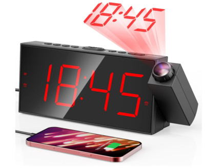 Projection Alarm Clock with 180° Projector, 5-Level Dimmer & USB Charger