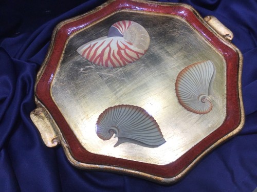 VIETRI FLORENTINE GOLD lacquer WOOD TRAY nautilus shell motif HANDLES beautiful! - Picture 4 of 12