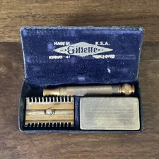 RARE 1930s Vintage Antique Gillette Brass Razor Complete Set in Case
