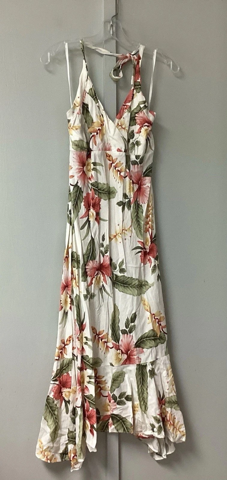 PALM ANGELS Maxi abito estivo hawaiano rayon taglia media due palme reggicalze scollo a cuore
