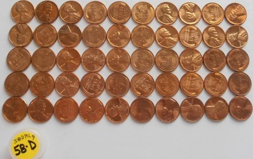 1958 D BU Lincoln Cent Roll, RED,  (58DRL9)