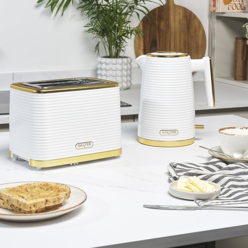 Salter Wide-Slot 2 Slice Toaster Palermo Defrost/Reheat/Cancel 930W White Gold - Picture 2 of 6