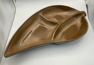 Vintage Frankoma Pottery Leaf Relish Dish Snack Candy Bowl Dish Brown Glaze