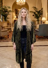 Johnny Was XL Deep Green Burnout Velvet Long Kimono Duster Wrap Jacket Coat NWT