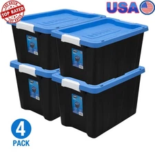 Set of 4 Durable Plastic 12 Gallon Black Snap Lid Storage Bin Container Tote Box
