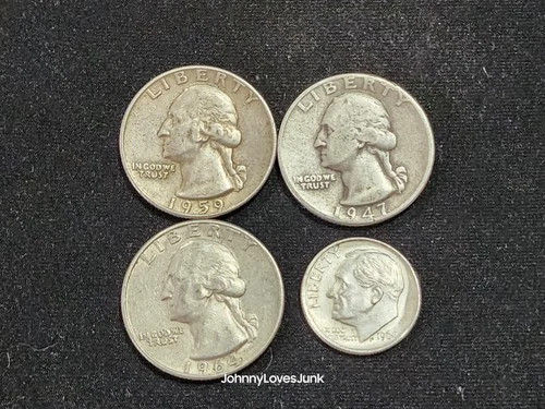 90% Junk Silver Pre 64 Mixed Lot 3 Silver Quarters &1 Dime AU Circulated Used