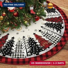 Christmas Tree Skirt 48 Inch, Red and Black Buffalo Plaid Xmas Tree Skirt, Winte
