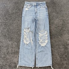 American Eagle Super High Rise Baggy Wide Leg Jeans Blue 2 Regular Destroyed