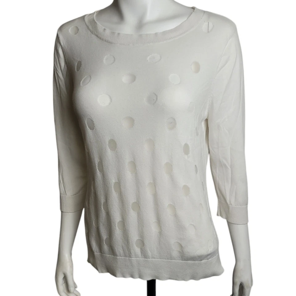 Halogen Women White Sheer Polka Dot Sweater L Mesh Swiss Dot Monochrome Layering - Image 2 of 4
