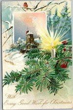 Postcard Tuck With Ever Good Wish for Christmas Church Evergreen Candle Bird