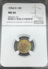 1954 D 10C Roosevelt Dime NGC MS66 Beautiful Colorful Toning