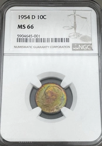 1954 D 10C Roosevelt Dime NGC MS66 Beautiful Colorful Toning
