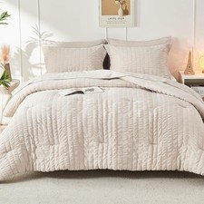 Queen Comforter Set Seersucker 7 Pieces with Sheets Pillowcases  Shams Beige