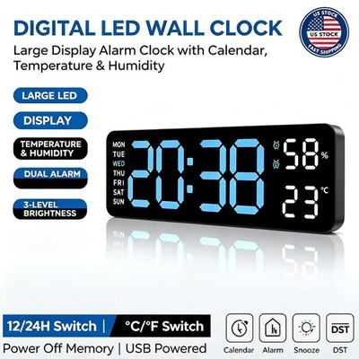 Digital LED Large Display Wall Desk Alarm Clock with Calendar & Temperature