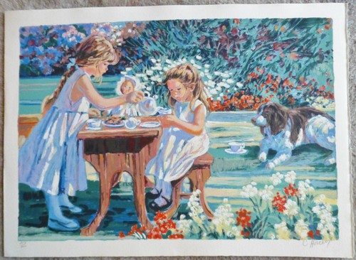 Corinne Hartley Tea for Four girls & dog Hand Embellished hand signed Lithograph - Picture 2 of 4