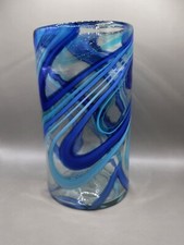 Summer Glass Vase Blue Swirl Hand Blown Cylinder Vase Beach Nautical Decor