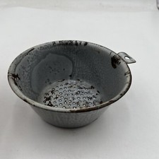 VTG Gray Blue White Swirl Enamelware Colander Graniteware Strainer Tab Farmhouse