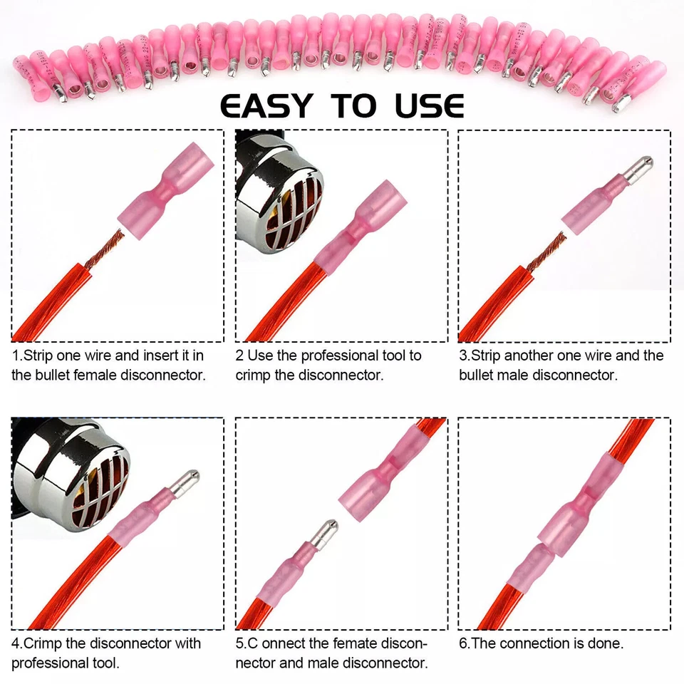 200pcs Heat Shrink Bullet Wire Connectors 22-10AWG Male Female Crimp Terminals - Image 4 of 4
