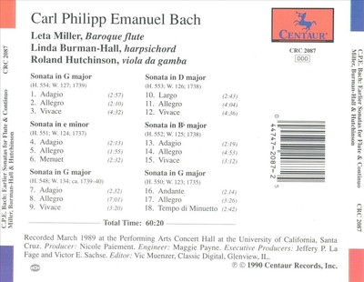 LETA E. MILLER C.P.E. BACH: SIX SONATAS FOR FLUTE AND CONTINUO (THE EARLIER SONA