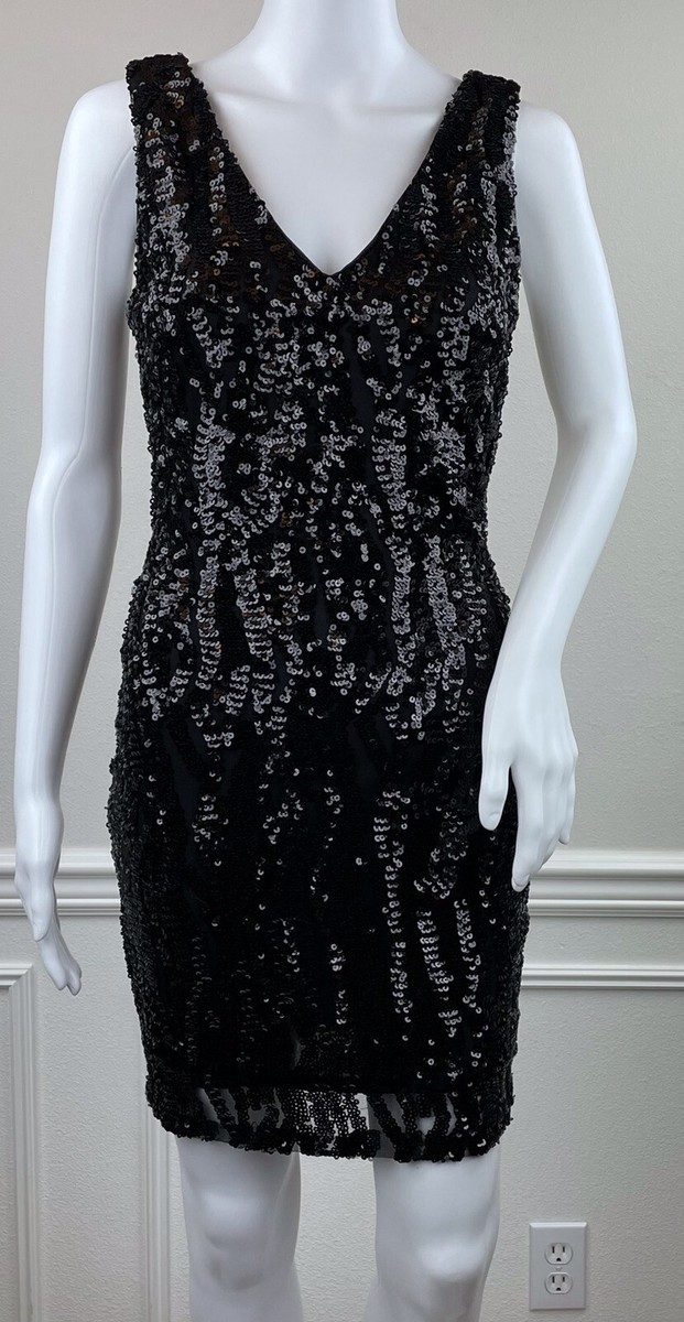 ark & co sequin dress Ark & Co Black Sequin Sleeveless Sheath Dress V Neck Zip Short Stretch Size  S
