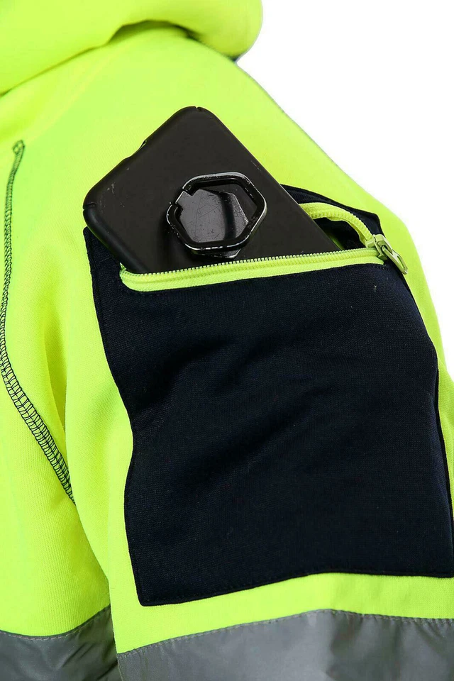 Hi Viz Vis High Visibility Jacket Hoodie Work 3 Zip Hooded SweatShirt Fleece Top - Image 4 of 4