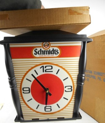 Vintage NOS NIB Schmidt's Rotating Lighted Hanging Clock Bar Sign SRL-81