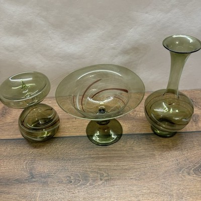 3er Set grüne Glasvase & Schalen art glass