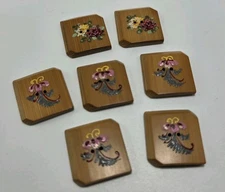 VTG Lot Of 7 Square Wooden 2 Hole Buttons Hand Painted Flowers Chamfered Beveled