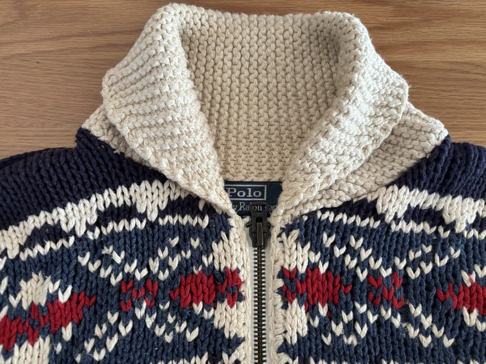 Polo Ralph Lauren Intarsia Zip-Up Cowichan Sweater M Cotton Linen Whale Anchor - Image 4 of 4