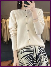   Women  s Merino Wool O-Neck Cardigan Sweater Autumn Winter Soft Knit