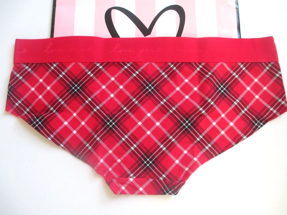 VICTORIA'S SECRET PINK Red Plaid Cotton Hiphugger Panty VS Logo Band L XL NWT - Image 2 of 4