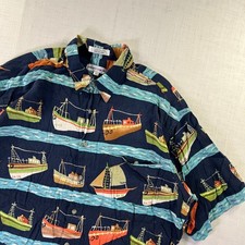 VTG Pierre Cardin Mens L AOP Shirt Navy Fishing Boat Nautical Rayon Short Sleeve