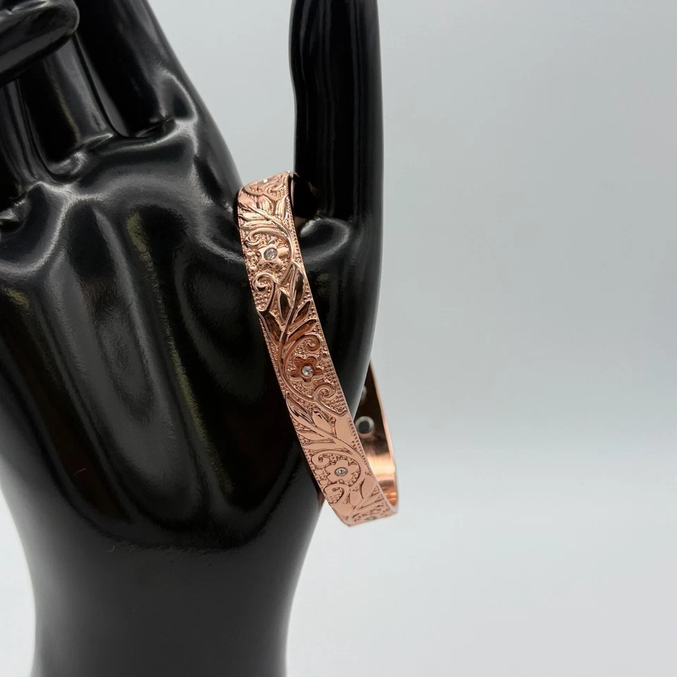 Brazalete Brazalete Cobre Grabado Diseño Floral Ajustable Estrás Foto 2 de 4