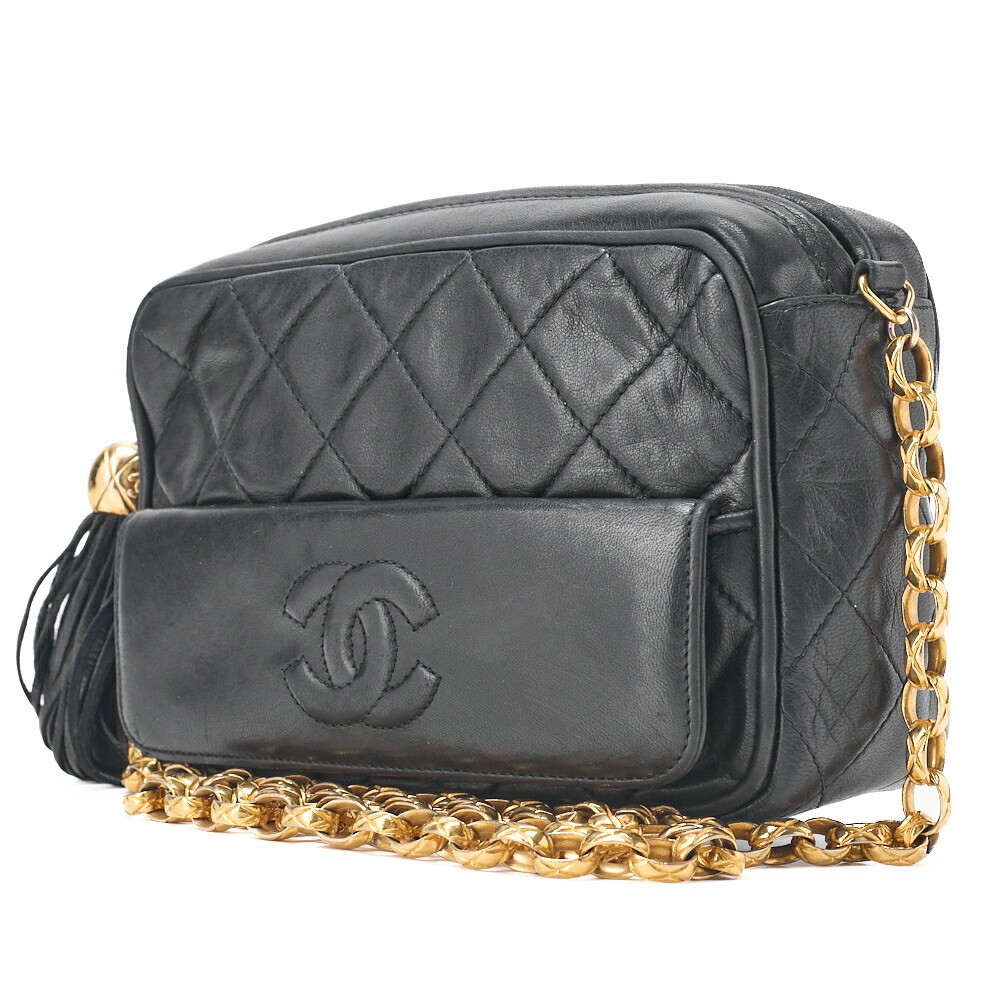 CHANEL Matelasse Coco Mark Fringed Bijou Chain Shoulder Bag Lambskin Black 9105