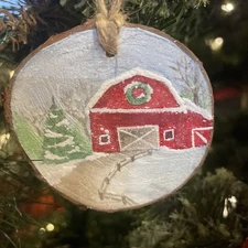 Original Hand Painted Watercolor Ornament Winter Barn Scene