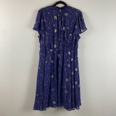 Torrid Harry Potter Dress Womens 2X Blue Wand Symbols Mock Neck Chiffon