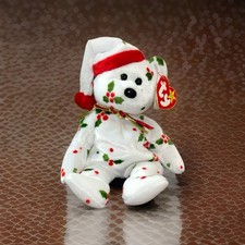 vintage Ty Beanie Baby 1998 HOLIDAY TEDDY bear Toy WITH Ear TAG Holly Berries