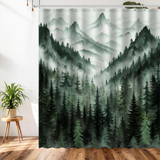 Green Forest Natural Shower Curtain, Mountain Misty Rustic Pine Tree Landscape