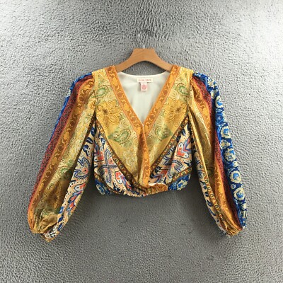 Flying Tomato Surplice Blouse Womens S Multicolor Yellow Fair Isle Cropped Top