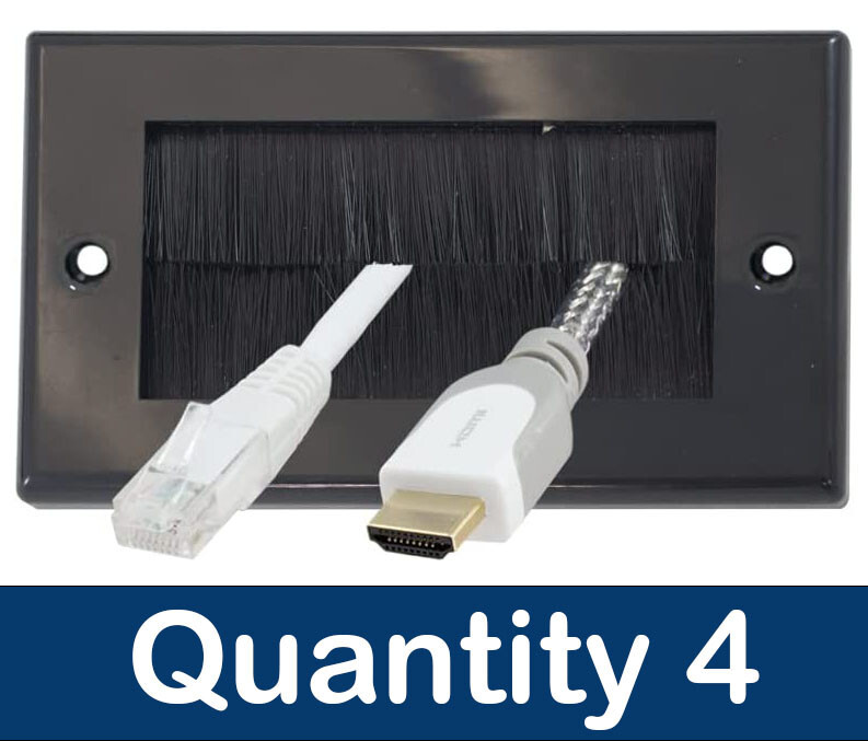 4 x Black Brush Faceplate Double 2 Gang Wall Plate Cable Entry Brushes Tidy